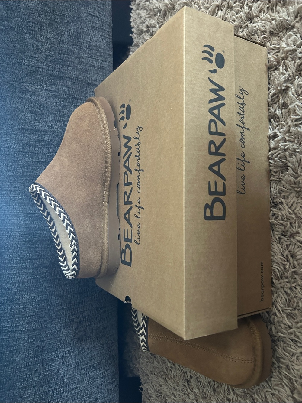 BearPaw Tan Suede Slip-On Cuffed Boots with Chevron Trim